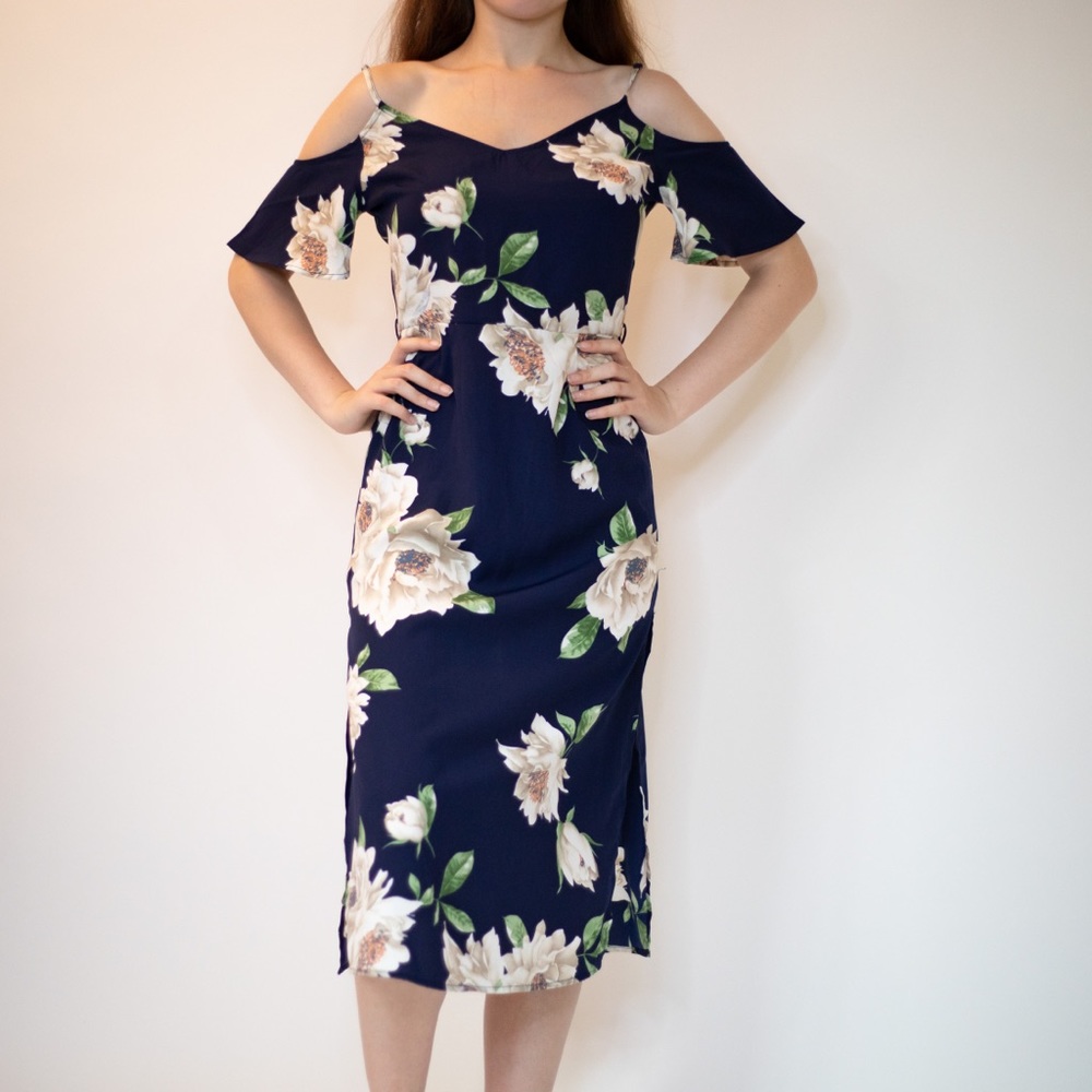Blue Floral Midi Dress w/ Shoulder Cut Outs